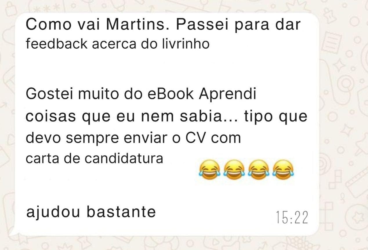 Mensagem de WhatsApp sobre aprendizagem com o eBook e carta de candidatura