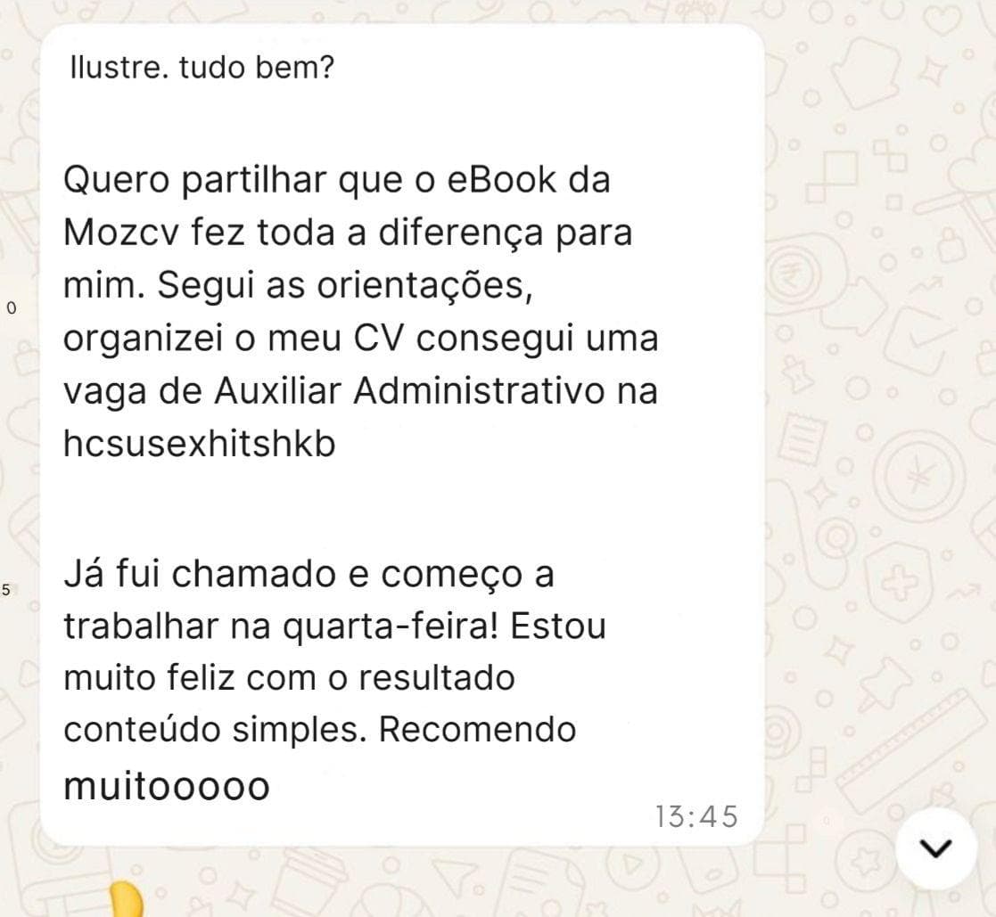 Mensagem de WhatsApp sobre o eBook da MOZCV ter ajudado a conseguir uma vaga
